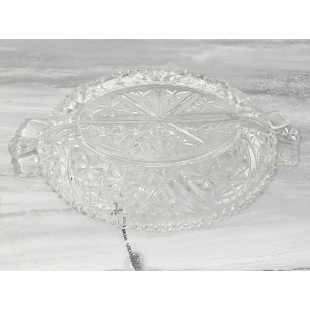 Vtg Anchor Hocking Clear Oval Divided Relish Dish Star Cut Design‎